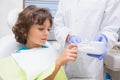 Pediatric dentist showing little boy teeth model