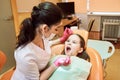 Pediatric dentistry. Dentist treats teeth of little girl