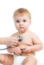 Pediatric doctor examining baby boy with stethoscope isolated on Royalty Free Stock Photo