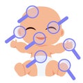 Pediatric medical examination of child. Checking health of the baby. Magnifying glass check concept. Vector illustration Royalty Free Stock Photo