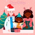 Pediatrician with Afro-American girl and woman on Christmas greetings card. Doctor in Santa hat with small smiling