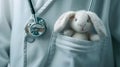 Pediatrician concept. toy bunny in the doctor\'s coat pocket and stethoscope, white background Royalty Free Stock Photo