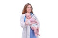 Pediatrician doctor holding newborn baby and smiling, isolated on a w Royalty Free Stock Photo