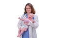 Pediatrician doctor holding newborn baby and smiling, isolated on a w Royalty Free Stock Photo