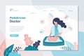 Pediatrician doctor landing page template. Doctor examines a child. Infant baby and female medical specialist or nurse