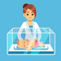 Pediatrician doctor and little newborn baby inside incubator box in hospital. Neonatal, prematurity, child care medical