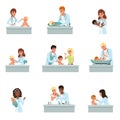 Pediatrician doctors doing medical examination of babies set, male and female doctors checkup for little kids vector