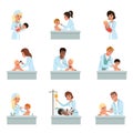 Pediatrician doctors doing medical examination of little kids set, male and female doctors checkup for babies vector