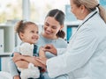 Pediatrician, girl and doctor with vaccine injection, cotton ball and flu shot on arm for disease or covid prevention in