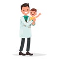 Pediatrician man holds a healthy cheerful baby. Vector illustra