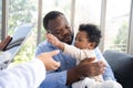 Pediatrics doctor with stethoscope for lungs or chest checkup for examining cute little girl in medical healthcare hospital or