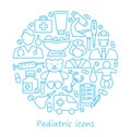 Pediatrics, Medical Care For Children. Line Icons In The Form Of A Circle