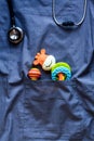 Pediatrics Pocket With Toys On Blue Background Top View Space For Text