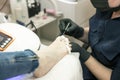 Pedicure in a beauty salon. A masked and gloved craftsman varnishes the clientÃ¢â¬â¢s nails. Close-up