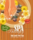 Pedicure spa poster with women's legs or feet with pink nail