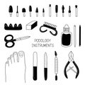 Pedicure tools and products doodle vector illustration set. Isolated on white background