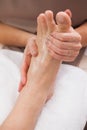 Pedicurist massaging customers foot