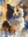 A pedigreed furry pet, red cat with white spots on a gentle background. Soft watercolor on textured paper Royalty Free Stock Photo