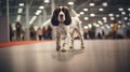 Pedigreed purebred English springer spaniel dog at exhibition of purebred dogs. Dog show. Animal exhibition. Competition