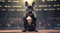 Pedigreed purebred French bulldog dog at exhibition of purebred dogs. Black color. Dog show. Animal exhibition