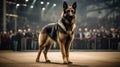 Pedigreed purebred German Shepherd dog at exhibition of purebred dogs. Stage, spotlights, spectators. Dog show