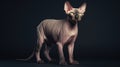 A pedigreed purebred Sphynx cat at an exhibition of purebred cats. Cat show. Animal exhibition. Competition for the most