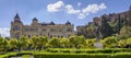 Pedro Luis Alonso gardens and the Town Hall building in Malaga, Royalty Free Stock Photo