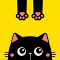 Peeking black cat kitten face head silhouette icon. Pink paw print leg. Cute cartoon funny baby pet character. Funny kawaii doodle