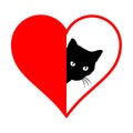 Peeking black cat in red heart on white background. Isolated illustration Royalty Free Stock Photo