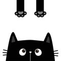 Peeking cat face head silhouette icon. Black kitten. Pink paw print leg. Funny kawaii doodle animal. Cute cartoon funny baby pet Royalty Free Stock Photo