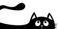 Peeking cat face head silhouette, tail. Black kitten face head looks up. Big eyes. Cute cartoon kawaii character. Funny pet animal Royalty Free Stock Photo