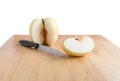 Peel Chinese pear by knife on the wooden board