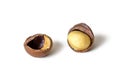 Peeled Australian macadamia nut on a white background
