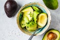 Peeled avocado halves in a bowl, top view. Cooking guacamole