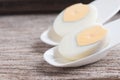 Peeled boiled egg on wood background Royalty Free Stock Photo