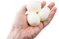 Peeled boiled eggs in male hand isolated on white