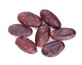 Peeled cacao beans, isolated on white background. Roasted and aromatic cocoa beans, natural chocolate. Top view.