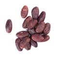 Peeled cacao beans, isolated on white background. Roasted and aromatic cocoa beans, natural chocolate. Top view.