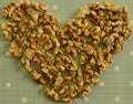 Peeled California Walnut Heart Stuffed on blue background with white dots