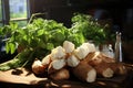 Peeled cassava tubers on a wooden board. Brazilian cuisine ingredient. Generative AI
