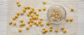 Peeled chickpeas for cooking hummus, overhead view. Flat lay, from above. Close-up