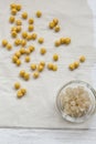 Peeled chickpeas for cooking hummus, top view. Overhead