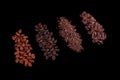 Peeled, chopped cocoa beans and pile chopped, milled chocolate isolated on black background