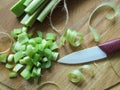 Peeled diced green rhubarb stalks for baking pie