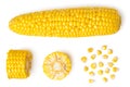 The peeled ear of corn, a piece of and seeds on a white, isolated. The view from the top. Royalty Free Stock Photo