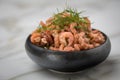 Peeled German Friesland north sea shrimps or crabs in bowl