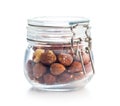 Peeled hazelnut kernels in jar isolated on white background Royalty Free Stock Photo