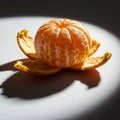 A peeled mandarin orange (Citrus reticulata) sits on a surface, illuminated by a stron Royalty Free Stock Photo