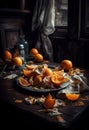 Peeled oranges on old wood table in a dark room, ai artwork