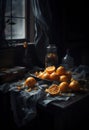 Peeled oranges on old wood table in a dark room, ai artwork